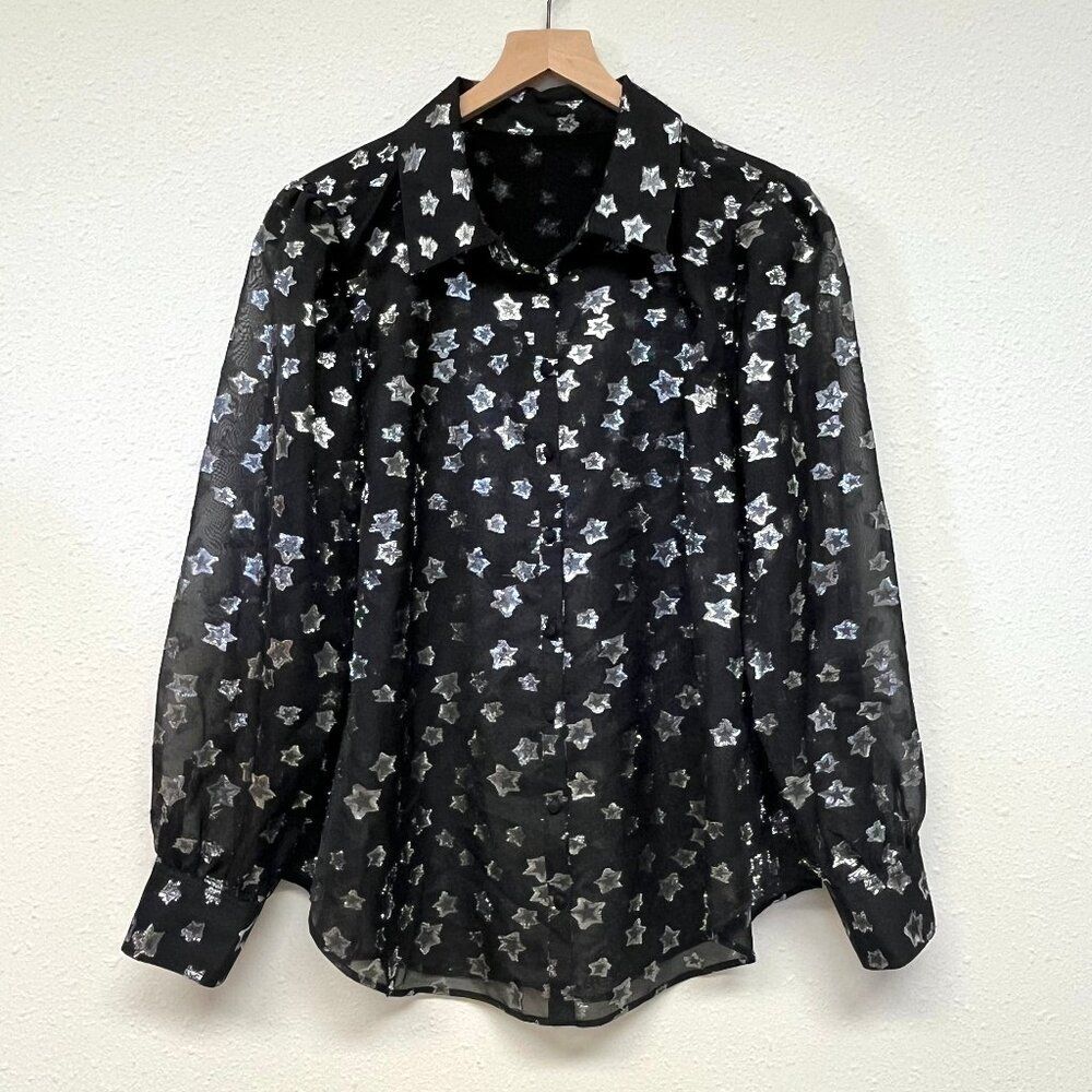 Torrid Sheer Black Top with Silver Stars - See Measurements